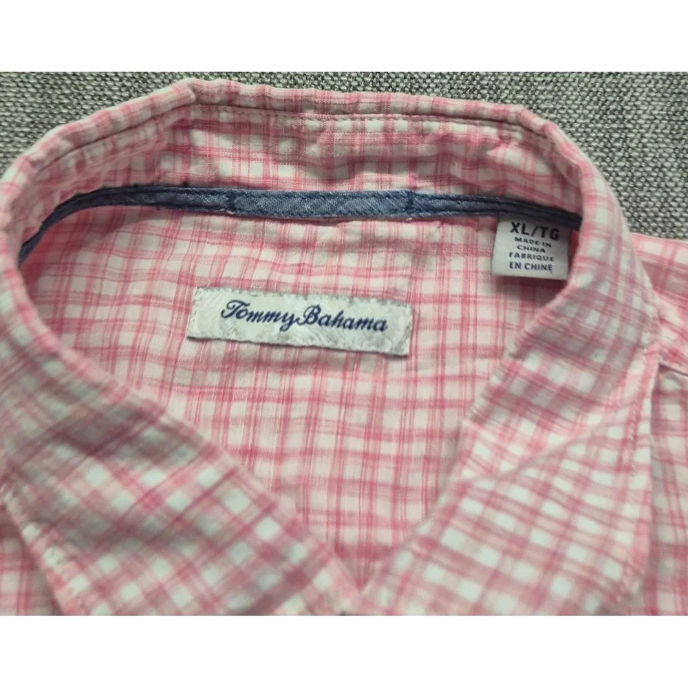 Tommy Bahama men's pink white checker short sleeve button‎ up XL Linen Blend
